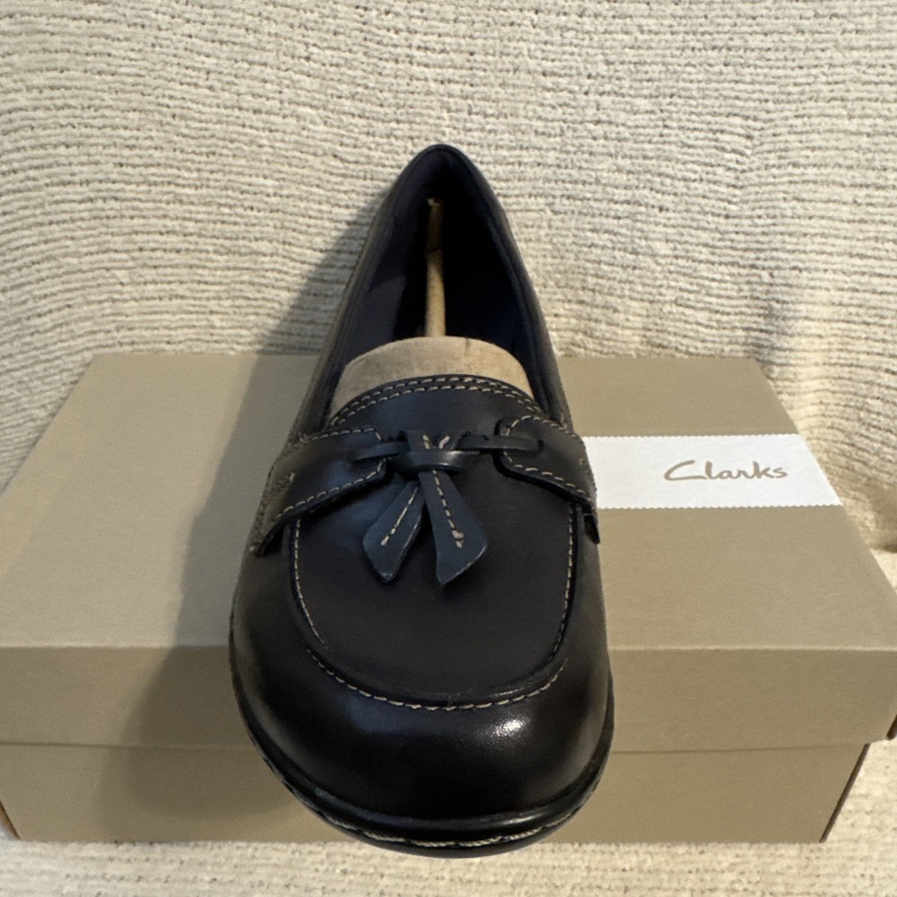Clarks Ashland Bubble Navy Leather Women's Loafers Cushion Soft Shoes 7 XW New - Picture 7 of 16